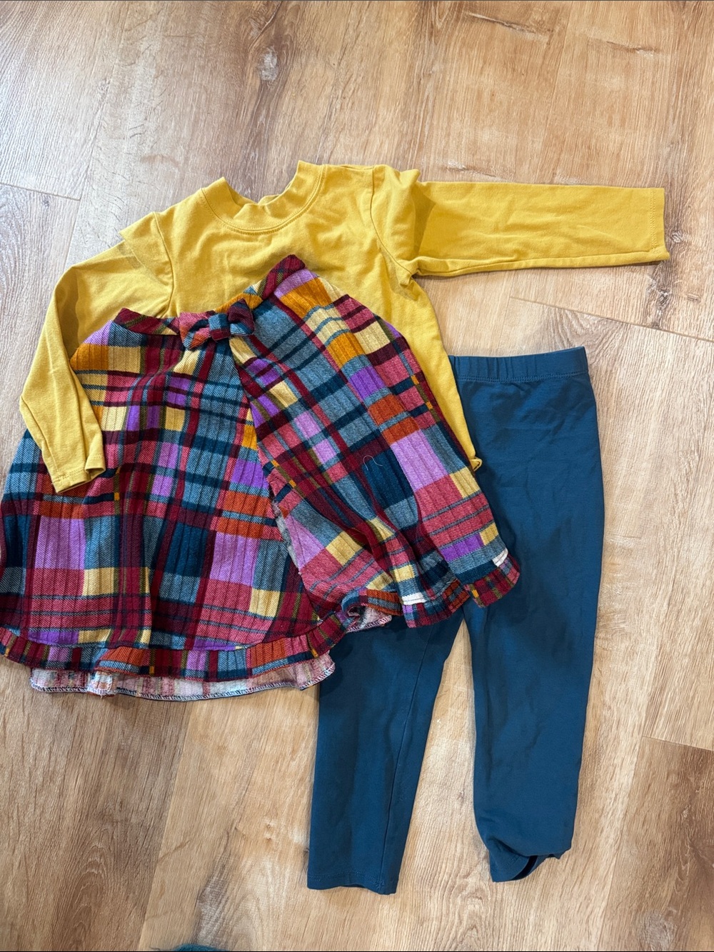 Bonnie Jean Yellow Top with Multicolor Plaid Skirt and Navy Leggings